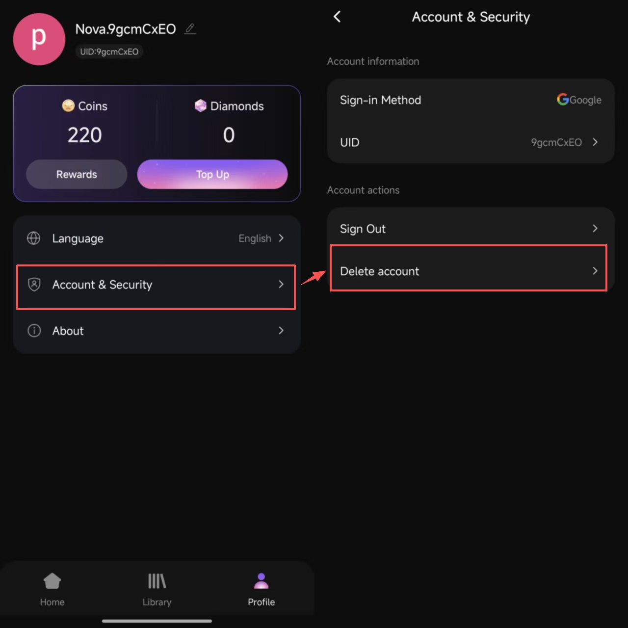 Screenshot showing the path inside the Arcnova app: Profile screen with Account & Security highlighted, leading to the Account & Security screen with Delete account highlighted.