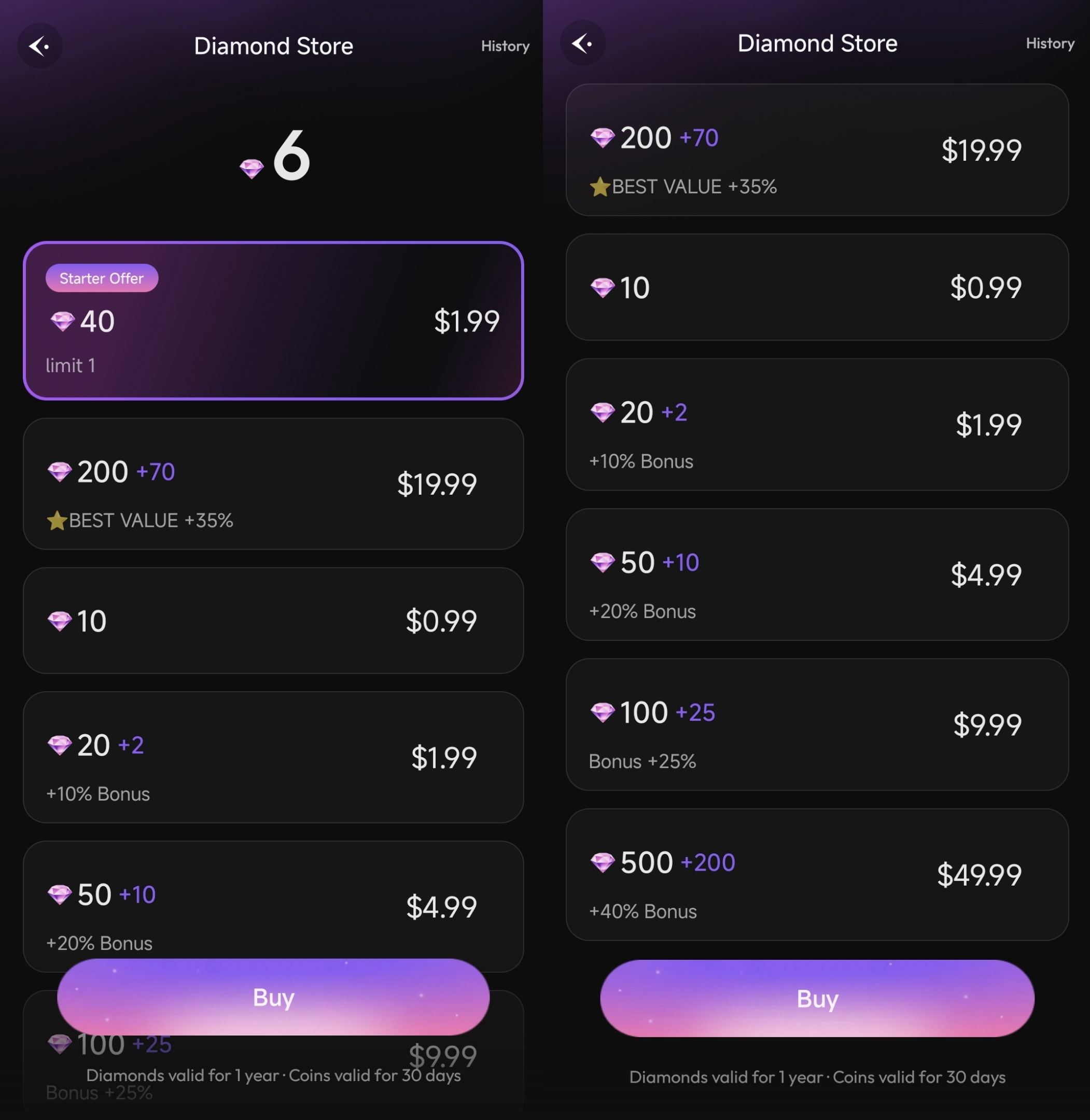 Arcnova Diamond Store showing a one-time Starter Offer and Diamond packages priced from 0.99 to 49.99 US dollars, including bonus Diamonds on larger packages.